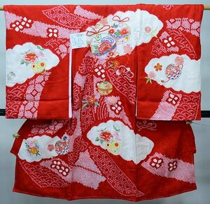 お宮参り産着 正絹 のしめ 女児 着物 高級 絞り 総刺繍 綸子地 赤地 鈴 女の子 祝着 一つ身 掛け着 初着 新品（株）安田屋 NO39741