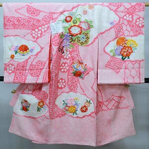 お宮参り産着 正絹 のしめ 女児 着物 高級 絞り 総刺繍 綸子地 ピンク地 花車 毬 女の子 祝着 新品（株）安田屋 NO39707