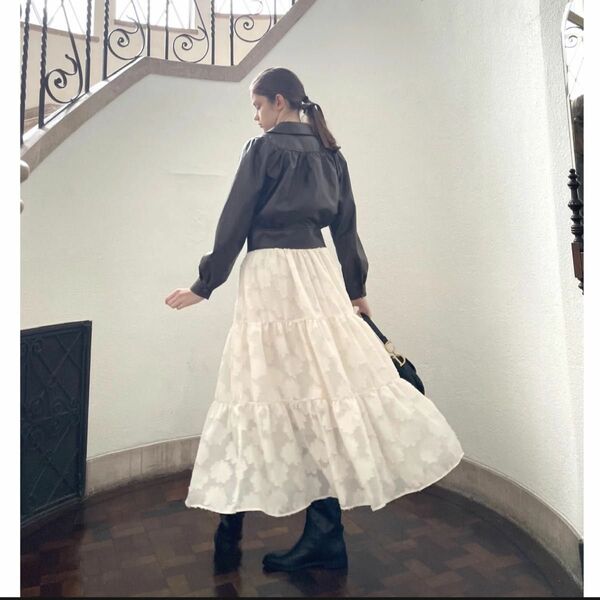 jacquard waist gather tiered long skirt 