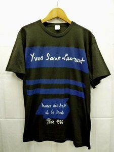 イヴ・サンローラン☆ロゴ 半袖 Tシャツ 黒青 ブラック×ブルー フランス製 イヴサンローラン美術館 musee des arts de la mode paris 1986