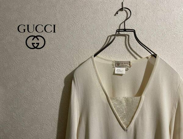 ◯ イタリア製 Vintage GUCCI ビーズ ガゼット レーヨン ニット / グッチ OLD カットソー セーター ホワイト 白 38 Ladies #Sirchive