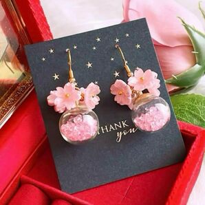 大人可愛い 春 桜 ガラスドーム ピンク ハンドメイド ピアス イヤリング