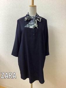 ザラ (ZARA) ネイビーワンピース プリント柄リボンタイ付き サイズL