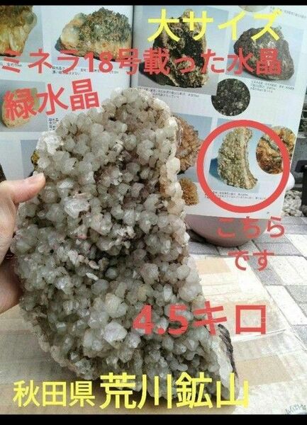 秋田県荒川鉱山　4.5キロ　水晶　クラスター　緑水晶　ミネラ18号載った水晶