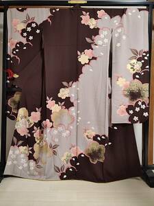 ■着物の越田■裄70身丈165 正絹 振袖 袷 広衿 訳あり品 レトロ 桜■せ16R04