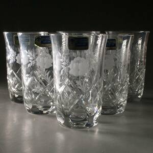 UNY8/62 未使用品 Lausitzer Glas ラウジッツアー タンブラーグラス 6客 花模様 ロックグラス 東ドイツ ヴィンテージ lead crystal 24%○