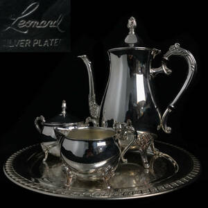 ut23/36 【LEONARD】SILVER PLATE シルバープレート ティーセット 茶器 ティーポット シュガーポット クリーマー トレー 銀色 レオナール◆