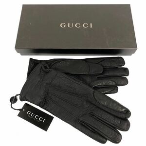 未使用品【グッチ】基準内 GUCCI 手袋 ロゴモチーフ サイズ9 グローブ レザーグローブ 黒色 レザー×シルク 男性用 メンズ イタリア製 箱有