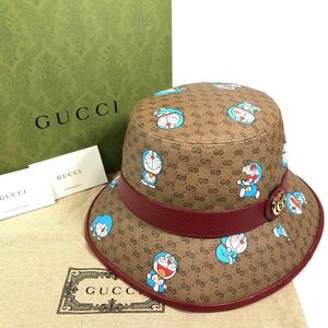 未使用品【グッチ】本物 GUCCI 帽子 マイクロGG柄 ドラえもん コラボ 648846 サイズS/57cm バケットハット コットン×ポリエステル 伊製 箱