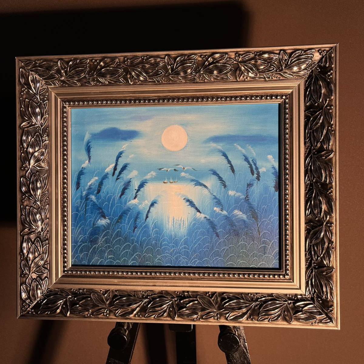 Handgeschriebenes Ölgemälde „Blue Moon, gerahmtes Innengemälde, Malerei, Ölgemälde, Natur, Landschaftsmalerei