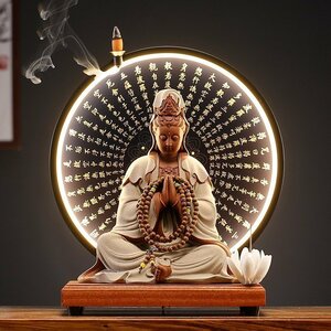 観音像　仏像 　仏教美品 　経文　香立　台座付き　LEDライト　禅の置物　逆流香 インテリア　装飾品　工芸品　仏教美術