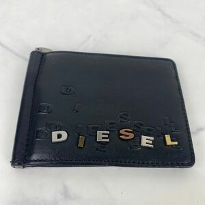 DIESEL 本革 二つ折り財布 マネークリップ　レザー　BLACK 金属ロゴ　