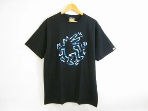 A BATHING APE×KEITH HARING/アベイシングエイプ×キースへリング 迷彩柄 立ち犬 プリントTシャツ ベイプ クルーネック メンズ 黒