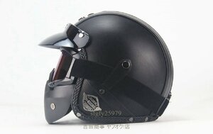 A7929☆新品高級感 PU レザー バイク ジェット ヘルメット マスク付 ビンテージ ブラック M～XXL ハーレー 等