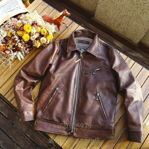 A6529新品メンズ馬革 レザージャケット 本革 ホースハイド 革ジャン バイクレザー アメカジ メンズ S～3XL