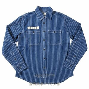 A7167新品ヴィンテージ ワーク コットンピンストライプデニム長袖シャツ ダンガリーアメカジ レトロwork shirt Ｓ～XL ネイビー