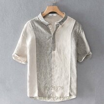 A7559新品半袖シャツ ヘンリーネック 麻100% リネンシャツ メンズ ストライプ柄 Tシャツ 切替 夏 サマー 心地良し 黒灰系M~3XL_画像4