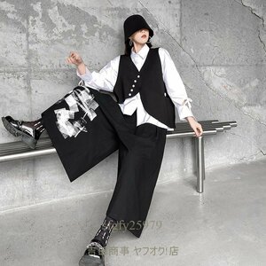 B0127☆新品上質 長袖不規則 エレガント ペイントアート柄モード系ワイドパンツ黒F