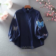 B0340☆新品レディース トップス 綿 ７分袖丈可愛い刺繍蝶々柄ネイビー_画像1