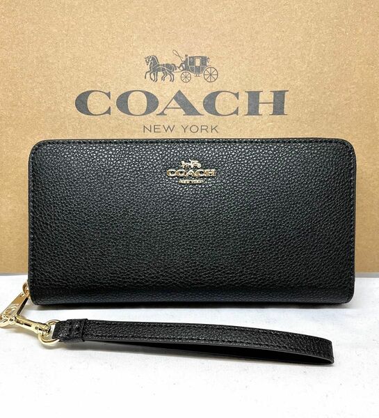 COACH コーチ　ストラップ付き　長財布　ブラック