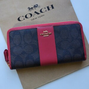 【新品】COACH コーチ 長財布 シグネチャー 　トゥルーレッド　ブラウン