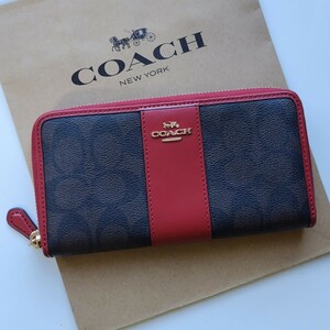 【新品】COACH コーチ 長財布 シグネチャー 　ブラウン　レッド