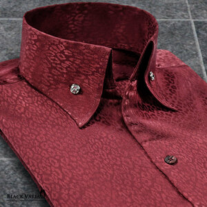 191853-win BLACK VARIA ヒョウ豹 レオパード柄 スキッパー クリスタルボタン スリムドレスシャツ メンズ(ワインレッド赤) M パーティー