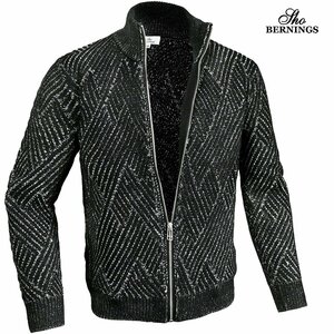 423733-90 ニット ジャケット ジグザグ スタンドカラー ざっくり ジップアップ 長袖 mens メンズ(ミックス黒ブラック×白ホワイト) L