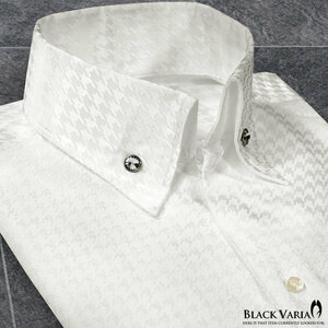 191255-wh BLACK VARIA 千鳥格子柄 スキッパー ボタンダウン ジャガード ドレスシャツ メンズ スリム(ホワイト白) L 結婚式 二次会 綺麗