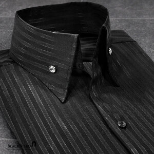 6#191852-bk BLACK VARIA ジャガードストライプ スキッパー クリスタルボタン ドレスシャツ メンズ(ブラック黒) M きれいめ 結婚式 披露宴