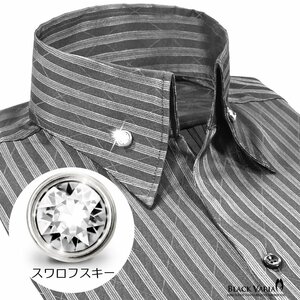 191852-gyS BLACK VARIA ストライプ織柄 スキッパー スワロフスキー ドレスシャツ スリム メンズ(ブラックダイヤ釦 グレー灰シルバー銀) L