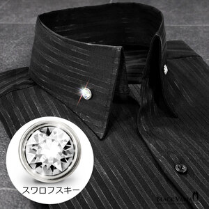 6#191852-bkS BLACK VARIA ストライプ織柄 スキッパー スワロフスキーBD ドレスシャツ スリム メンズ(ブラックダイヤ釦 ブラック黒) M