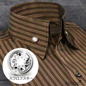 191852-brS BLACK VARIA ストライプ織柄 スキッパー スワロフスキーBD ドレスシャツ スリム メンズ(クリスタル釦 ブラウン茶) L パーティー