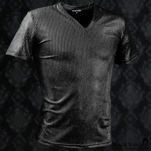 9#193213-sibk BLACK VARIA ピンストライプ ラメ ストレッチ 半袖 Vネック Tシャツ メンズ(ブラック黒・ライン銀シルバー) L ダンス 舞台