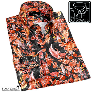 6#201953-bkor ブラックバリア 隠れ豹ボタニカル柄 ドゥエボットーニ スナップダウン ジャガード ドレスシャツ メンズ(オレンジ橙×黒) XL