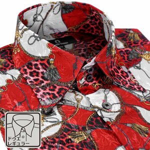 a181718-re BLACK VARIA ドゥエボットーニ 豹×鎖スカーフ柄[レギュラーカラー]ジャガードドレスシャツ メンズ(レッド赤) M パーティー