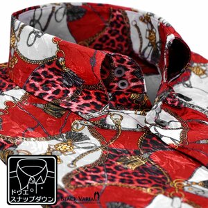 181718-re BLACK VARIA ドゥエボットーニ 豹ヒョウ×鎖スカーフ柄 スナップダウン ジャガードドレスシャツ メンズ(レッド赤) XL パーティー