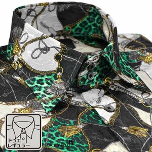 a181718-grbk BLACK VARIA ドゥエボットーニ 豹×鎖スカーフ柄[レギュラーカラー]ジャガード ドレスシャツ メンズ(グリーン緑ブラック黒) L