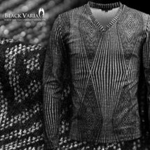 163901-si ブラックバリア 光沢 ラメ糸 幾何学 ダイヤ柄 Vネック ニット 長袖Tシャツ メンズ(シルバー銀ブラック黒) XL 日本製 ロンT_画像1