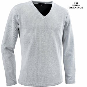 333533-02 Bernings sho Tシャツ 長袖 Vネック ストライプ柄 シンプル ロンT ふくれジャガード mens メンズ(ホワイト白) M カジュアル