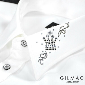 36741-1 GILMAC イタリアンカラー クラウン王冠 襟ラインストーン 長袖サテンドレスシャツ メンズ(ホワイト白) M スキッパー