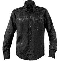161222-bk BLACK VARIA ドゥエボットーニ 光沢ローズ花柄 織柄 スナップダウン 長袖シャツ メンズ(ブラック黒) S フォーマル_画像7