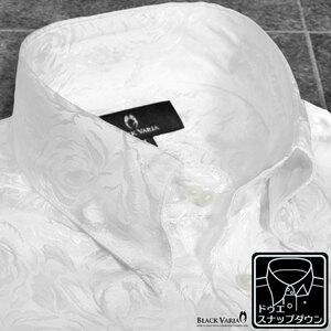 161222-wh BLACK VARIA ドゥエボットーニ 光沢ローズ花柄 織柄 スナップダウン 長袖シャツ メンズ(ホワイト白) M フォーマル