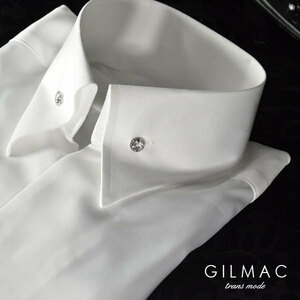 33100-1 GILMAC 無地 イタリアンカラー ボタンダウン 長袖サテンドレスシャツ メンズ(ホワイト白) M スキッパー 襟高 結婚式 パーティー