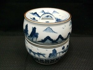 中古美品 京焼 橋本龍岳造 染付山水 水指 茶器 茶道具