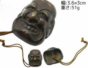S173 茶道具 骨董品 根付 銅製 金属工芸 仮面 時代 重さ:51g