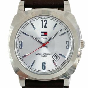 埼♪【稼動品】TOMMY HILFIGER トミーヒルフィガー T10160 メンズ クォーツ 腕時計 デイト 純正レザーベルト シルバー文字盤 3針 ♪2089