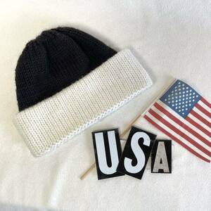 【良品・黒×白】80sワッチキャップビンテージニットキャップUSA製アメリカ米国オールド古着ヴィンテージMADE IN USA帽子ブラック ウール
