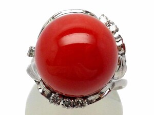 珊瑚 ダイヤモンドリング Pt900 10.1g 12号　Jewelry Coral 13.85ct Dia0.13ct Ring　