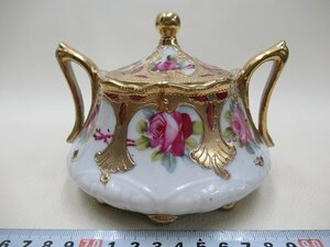 D0419 オールドノリタケ メープルリーフ印 金彩 盛上 ジュエル バラ文 シュガーポット 蓋物 Noritake 19